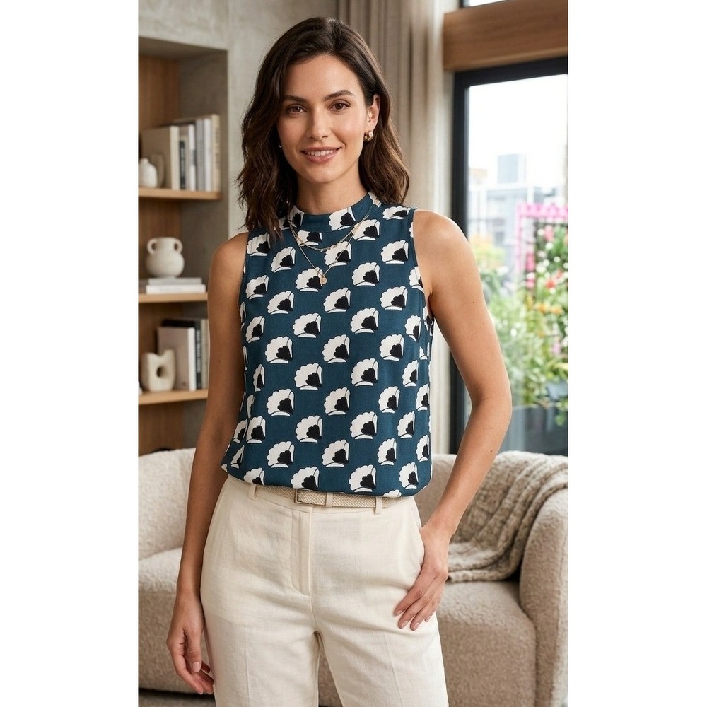 Women's Plus Floral Shell Print Mock Neck Sleeveless Blouse Keyhole Back 1X?